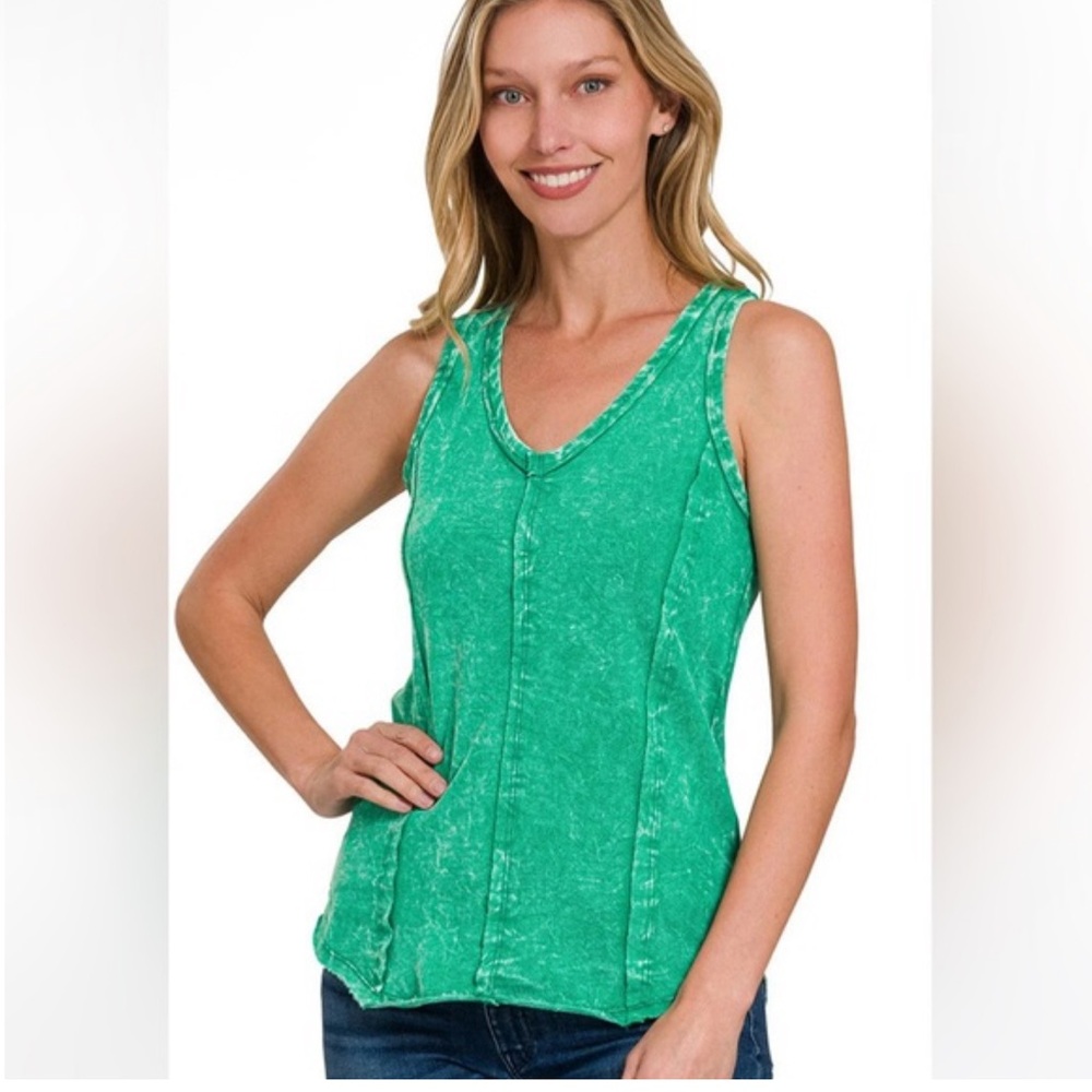 Zenana Green Acid Mineral Wash Sleeveless Women's Top